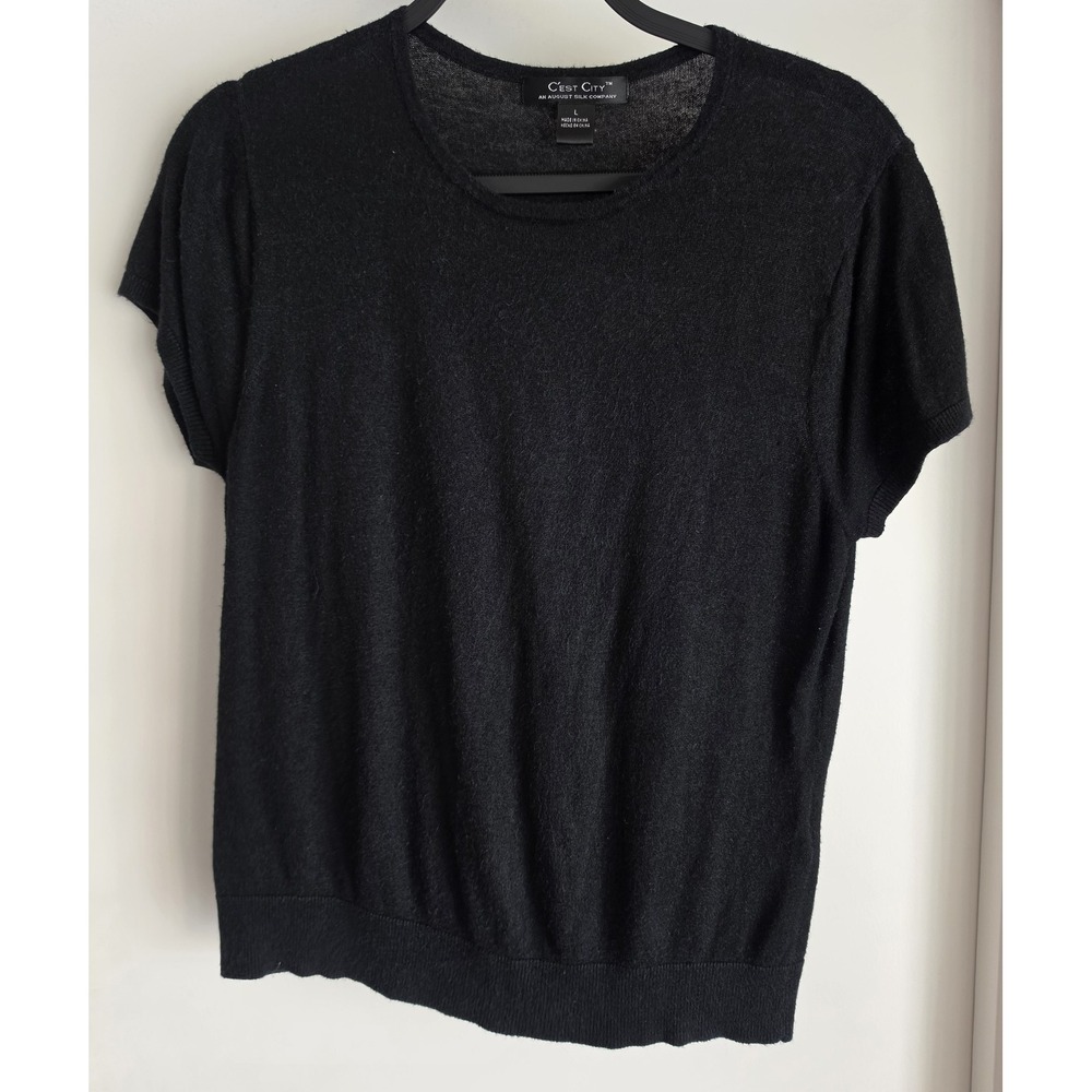 C'est City Sweater Womens L Black Solid Short Sleeve Pullover Top Shirt